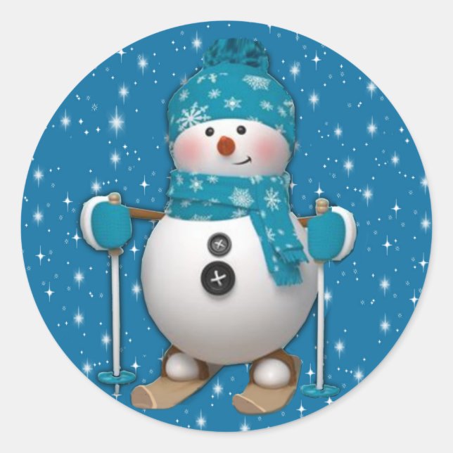 Fun Happy Skiing Snowman Classic Round Sticker (Front)