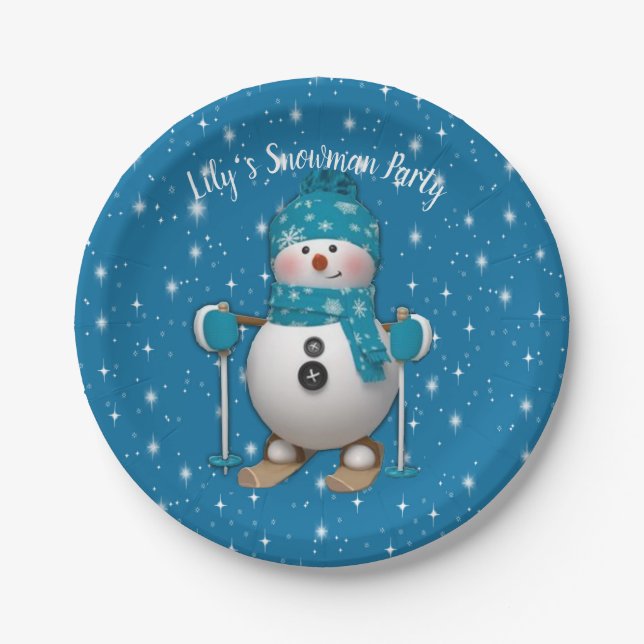 Fun Happy Skiing Snowman Paper Plate (Front)