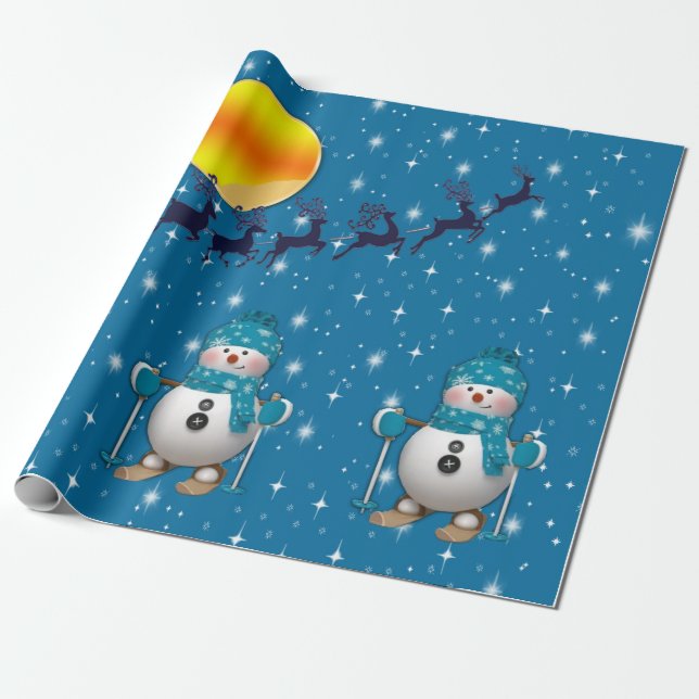 Fun Happy Skiing Snowman Wrapping Paper (Unrolled)