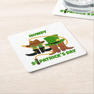 Fun Happy St Patricks Day HOWDY DIA DUIT Cowboy Square Paper Coaster