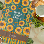 Fun Happy Sunflower Stripes Custom Name Stylish  Tea Towel<br><div class="desc">Chic Personalised Floral Pattern Modern Stripe kitchen towel. These colourful sunflower kitchen towels are perfect to add a pop of colour to your kitchen. Make them uniquely yours by adding your name or favourite quote. Whether you're a seasoned chef or an aspiring home cook, these towels make the perfect companion...</div>