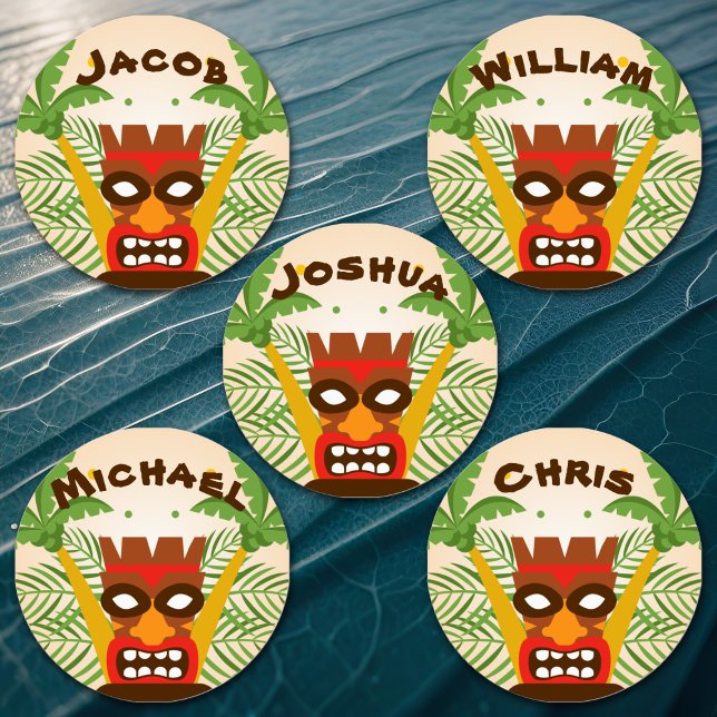 Fun Hawaiian Tiki Name Retro Island Vibes Kids (Retro Hawaiian tiki kids' name labels are playful, fun and full of island charm.)