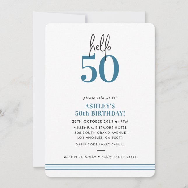FUN hello 50 modern 50th birthday party blue Invitation (Front)
