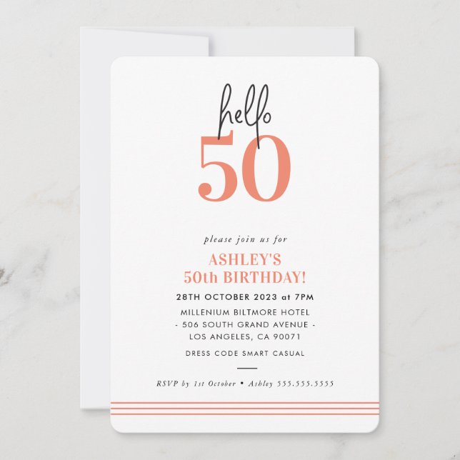 FUN hello 50 modern 50th birthday party orange Invitation (Front)