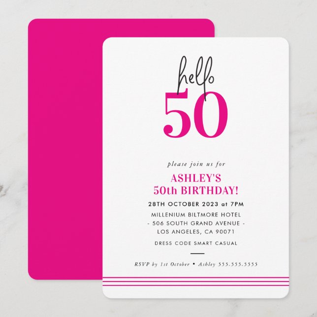 FUN hello 50 modern 50th birthday party pink Invitation (Front/Back)