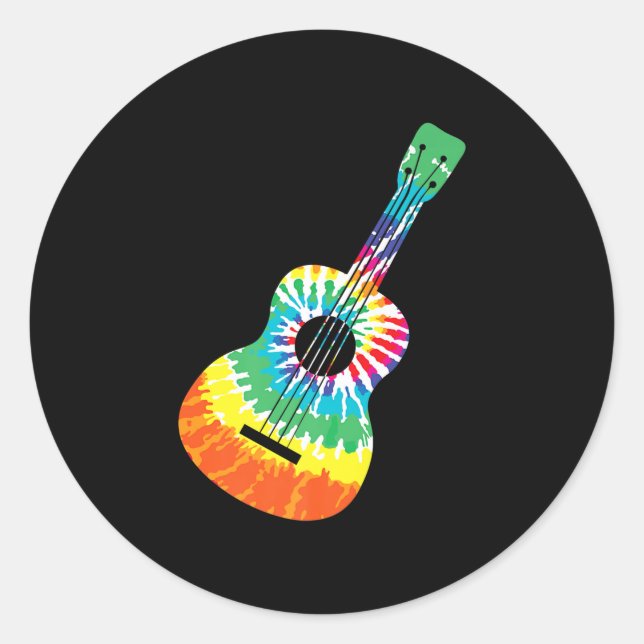 Fun Hippie Rainbow Tie Dye Acoustic Guitar Premium Classic Round Sticker (Front)