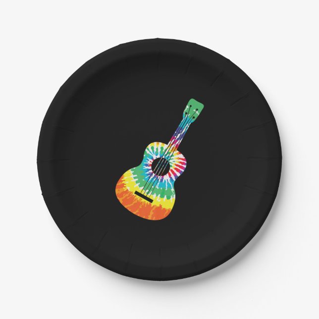 Fun Hippie Rainbow Tie Dye Acoustic Guitar Premium Paper Plate (Front)