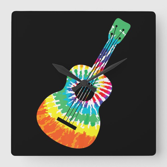 Fun Hippie Rainbow Tie Dye Acoustic Guitar Premium Square Wall Clock (Front)