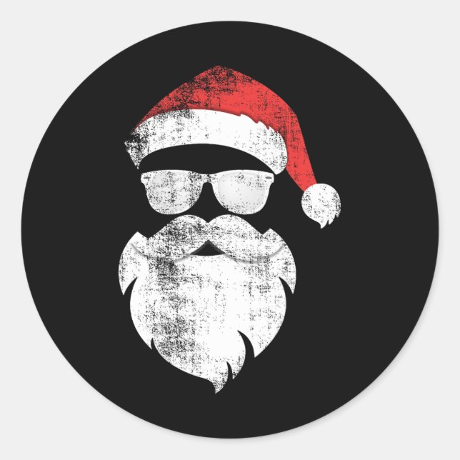 Fun Hipster Santa Face With Hat Beard and Glasses  Classic Round Sticker (Front)