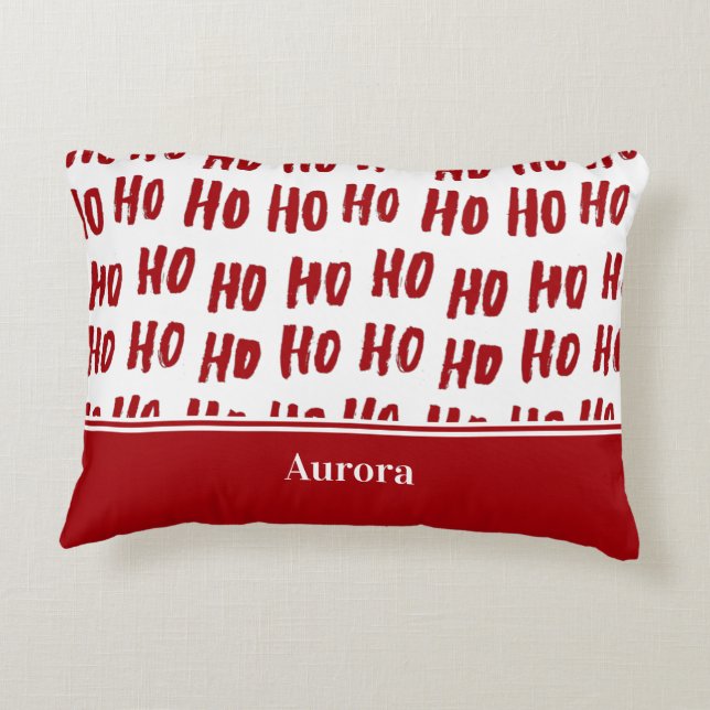 Fun Ho Ho Ho Text Red Holiday Pattern Christmas Decorative Cushion (Back)