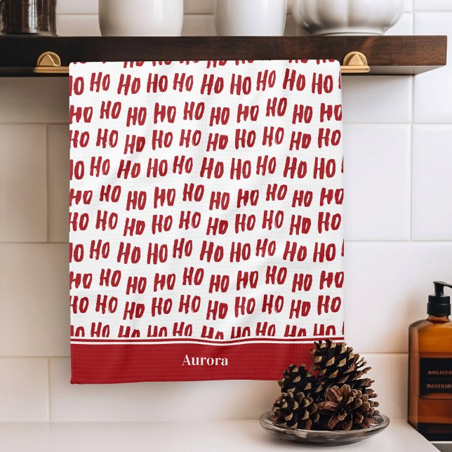 Fun Ho Ho Ho Text Red Holiday Pattern Christmas Tea Towel (Creator Uploaded)