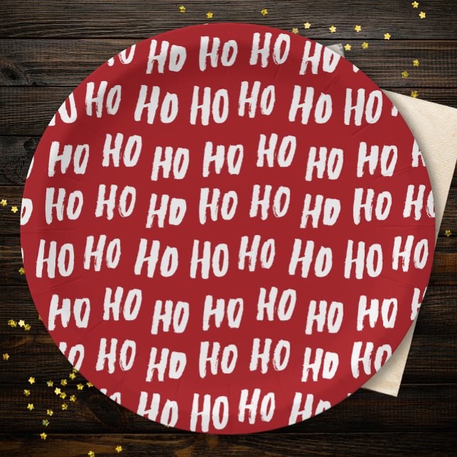 Fun Ho Ho Ho Text Red Holiday Pattern Christmas v2 Paper Plate (Creator Uploaded)