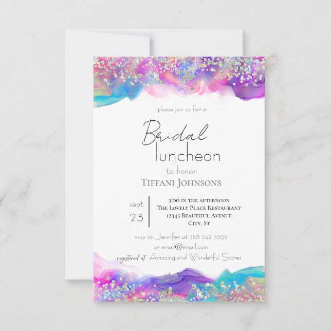 Fun Holographic Ink Glitter Bridal Luncheon Invitation (Front)