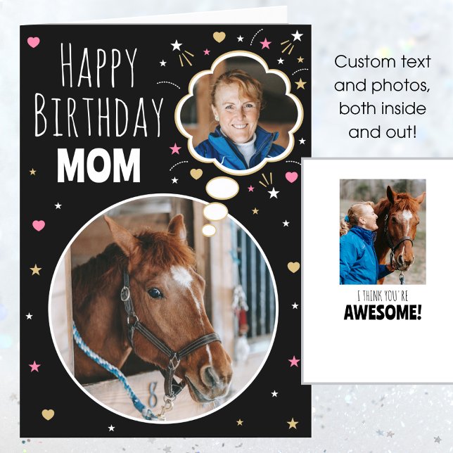 Fun Horse Mum Birthday Custom Photo Black Pink Card (Creator Uploaded)