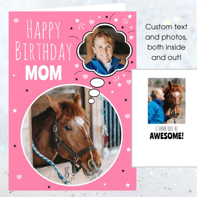 Fun Horse Mum Birthday Thought Bubble Photo Pink Card (Creator Uploaded)
