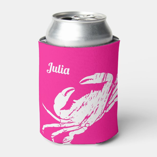 Fun Hot Pink Crab Custom Beach Can Cooler (Can Front)