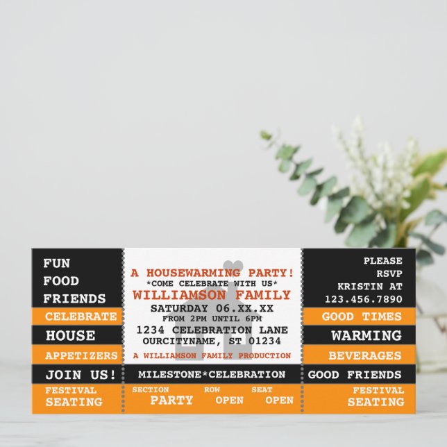 Fun Housewarming Ticket Style Invitation (Standing Front)