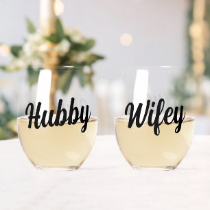 Fun Hubby + Wifey Script Wedding Newlyweds Stemless Wine Glass