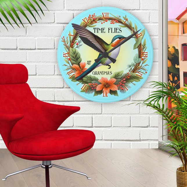Fun Hummingbird Grandma Round Clock (Artistic wall clock featuring a painting of a hummingbird on a floral wreath - grandma - grandmother)