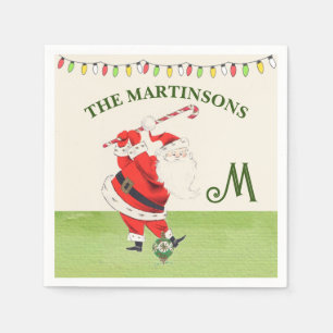 Fun Humor Retro Santa Plays Golf Monogram Name  Napkin