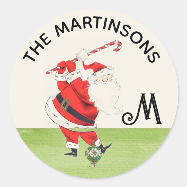 Fun Humour Retro Santa Plays Golf Monogram Name  Classic Round Sticker (Front)