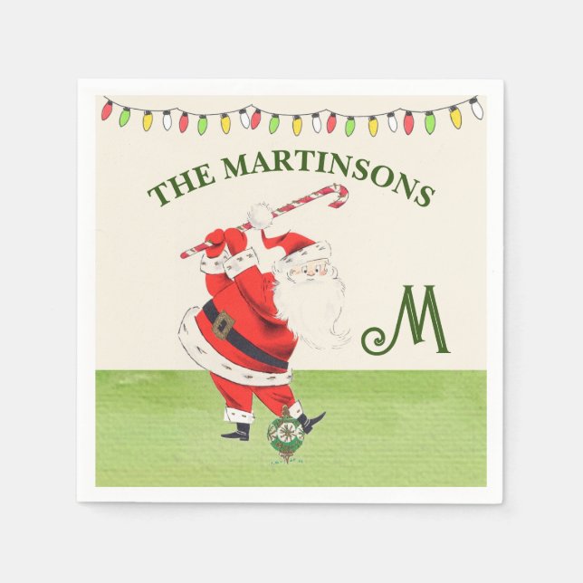 Fun Humour Retro Santa Plays Golf Monogram Name  Napkin (Front)