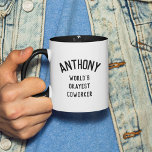 Fun Humour World's Okayest Coworker Custom Text Mug<br><div class="desc">Fun modern typography reads WORLD'S OKAYEST COWORKER with your colleagues name arching over it in a cool,  trendy,  minimalist black and white design. On the side is a thumbs up icon.</div>