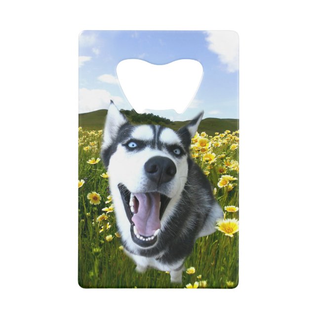 Fun Husky Dog in Wild Flowers Wallet Bottle Opener (Front)