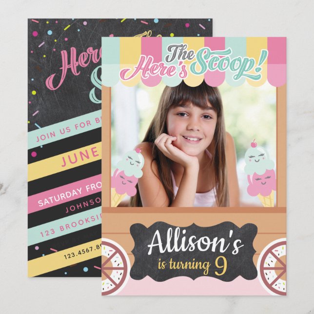 Fun Ice Cream Cart Photo Birthday Party Invitation (Front/Back)