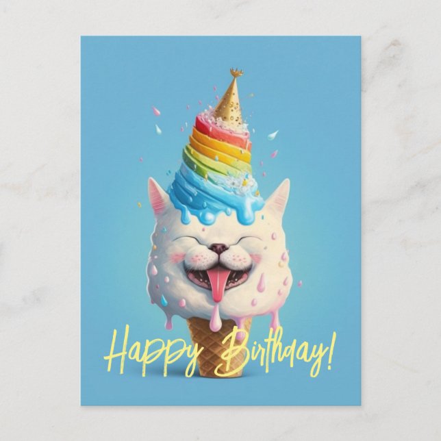 Fun Ice Cream Cat Birthday Greeting Card (Front)