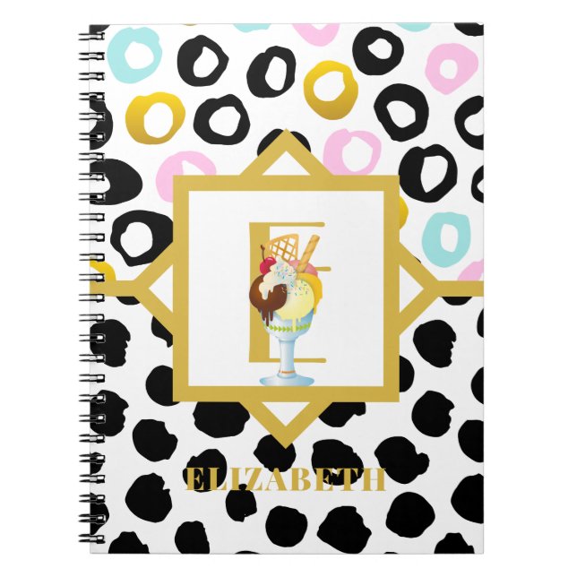 Fun Icecream Sundae Black Pink Monogram Girls Notebook (Front)