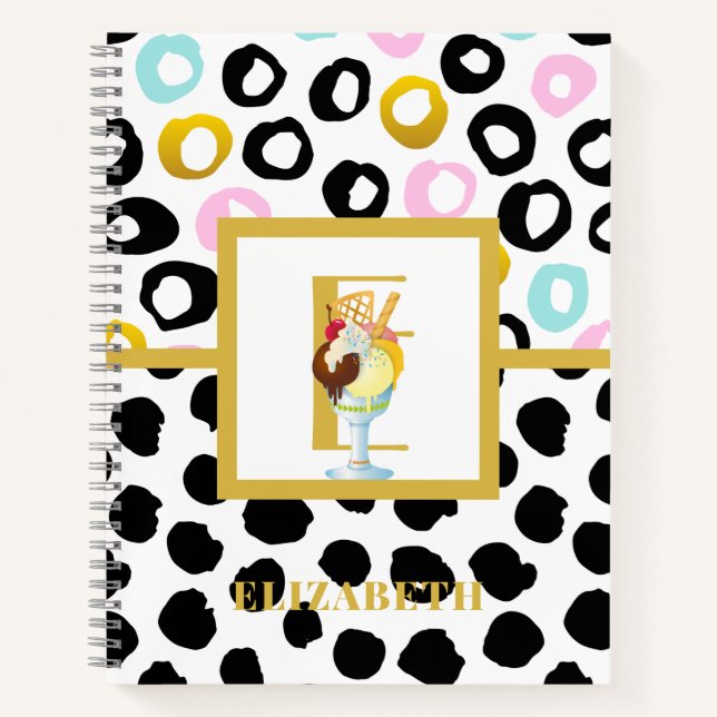 Fun Icecream Sundae Black Pink Monogram Girls Notebook (Front)