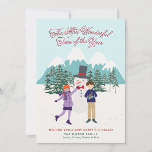 Fun Illustrated Snowman & Kids Photo Holiday Card