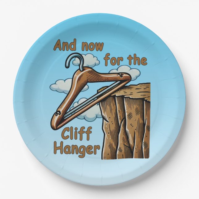 Fun Image of Cliff Hanger with Playful Wordplay Paper Plate (Front)