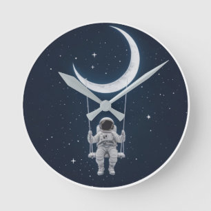 Fun in Space - Astronaut Swinging on the Moon Round Clock