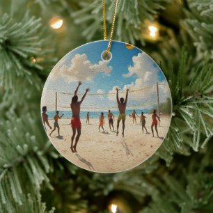 Fun In The Sun Beach Volleyball Oil Paint, Ceramic Tree Decoration