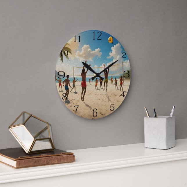 Fun In The Sun Beach Volleyball Oil Paint, Large Clock (Office)