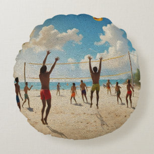 Fun In The Sun Beach Volleyball Oil Paint, Round Cushion