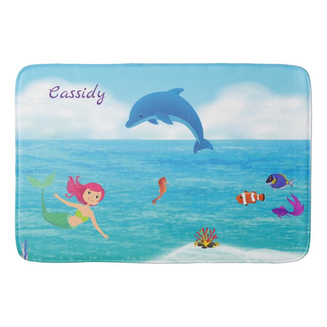 Fun in the Sun Mermaid Dolphin Beach Personalised Bath Mat (Front)