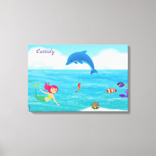 Fun in the Sun Mermaid Dolphin Beach Personalised Canvas Print