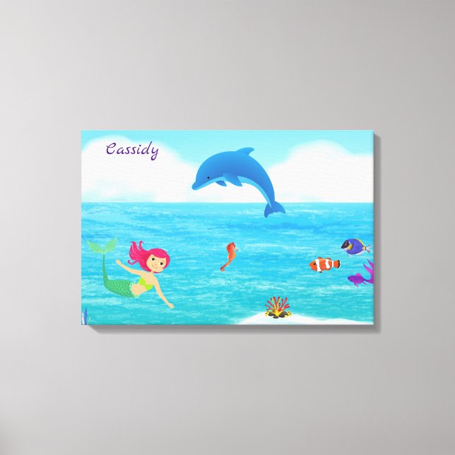 Fun in the Sun Mermaid Dolphin Beach Personalised Canvas Print (Front)