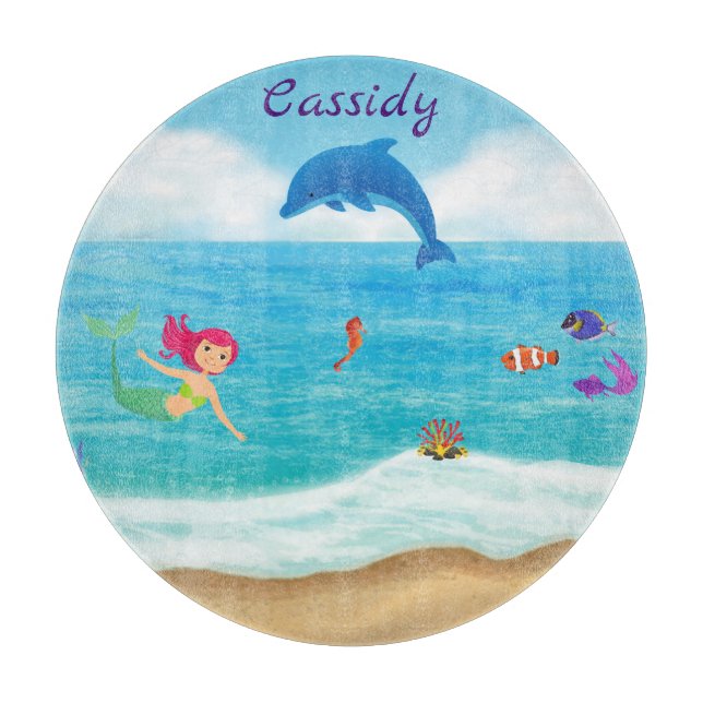 Fun in the Sun Mermaid Dolphin Beach Personalised Cutting Board (Front)