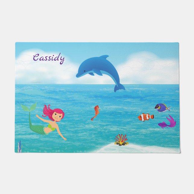 Fun in the Sun Mermaid Dolphin Beach Personalised Doormat (Front)