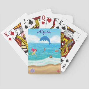 Fun in the Sun Mermaid Dolphin Beach Personalised Playing Cards