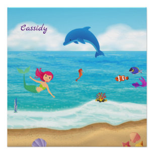 Fun in the Sun Mermaid Dolphin Beach Personalised Poster