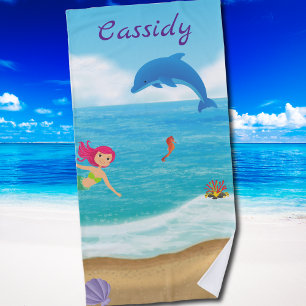 Fun in the Sun Mermaid Dolphin Beach Personalised Towel
