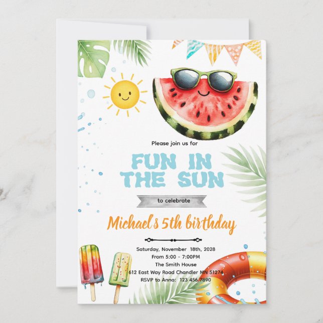 Fun in the sun pool theme invitation (Front)
