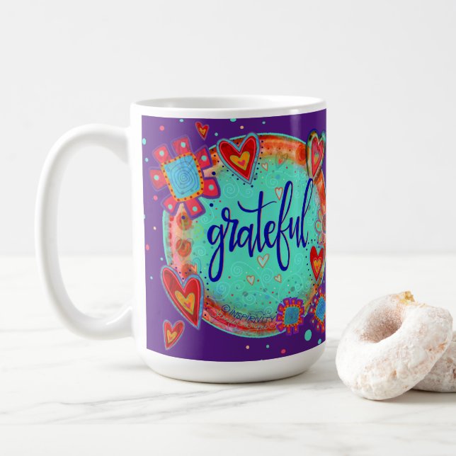 Fun inspirational Grateful Floral Hearts   Coffee Mug (With Donut)