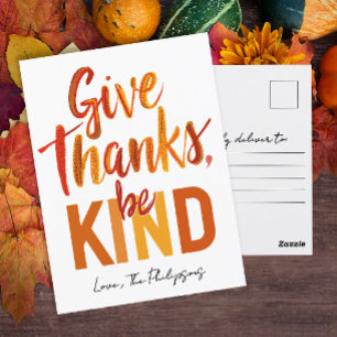 Fun Inspirational Orange Give Thanks Typo Script Postcard