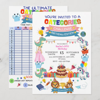 Fun Interactive "Categories Challenge"Birthday Invitation